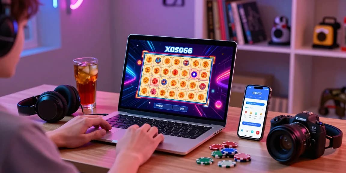 Engaging user exploring https://xoso66.fitness/ online gaming platform with dynamic lottery graphics and cozy setup.