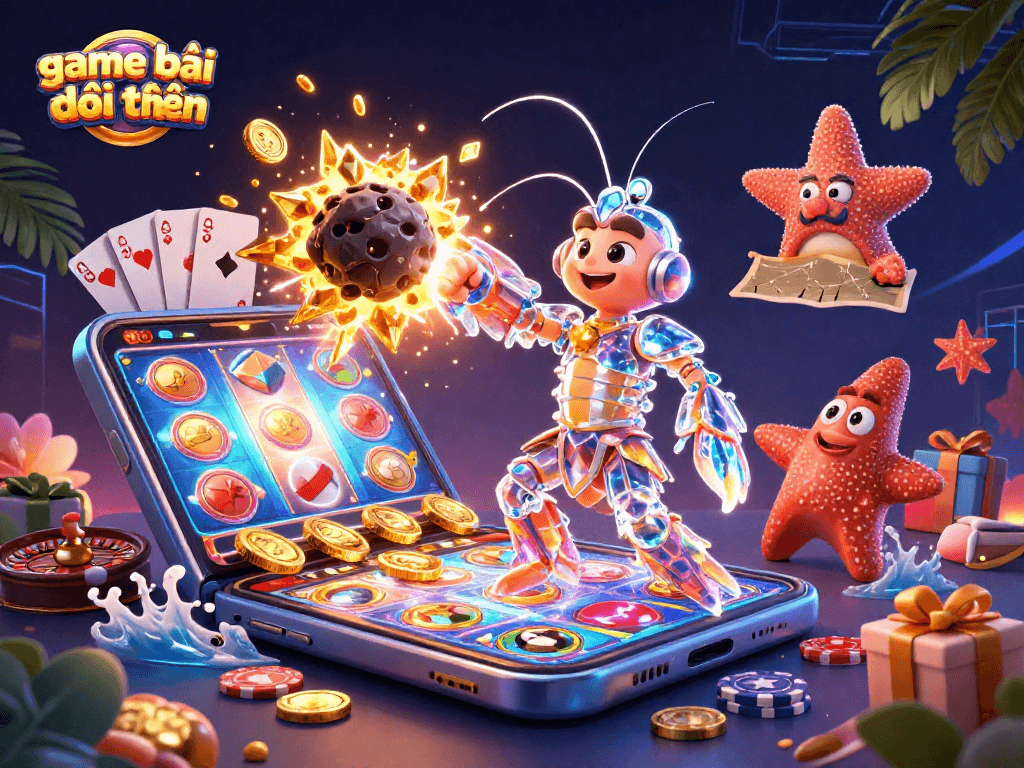 Experience the thrill of game bài đổi thưởng with a vibrant 3D illustration of a mantis shrimp and slot games.