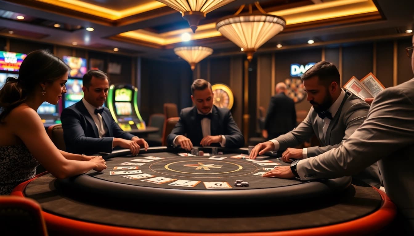 DAGA gaming table with players enjoying card games in a luxurious casino environment.
