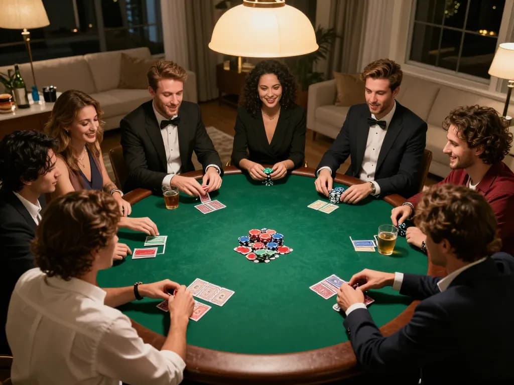 U888 players enjoying an engaging home poker game, vibrant atmosphere and strategic gameplay elements.