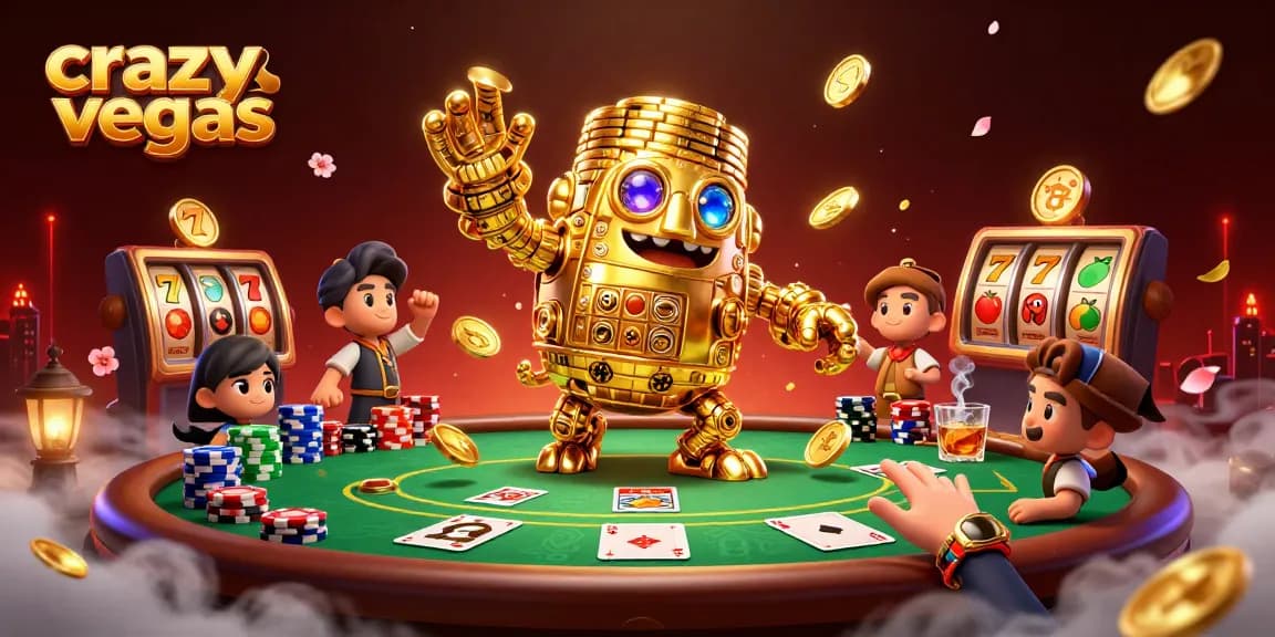 Experience the magic of crazyvegas with a vibrant golden golem and poker elements in casino action.