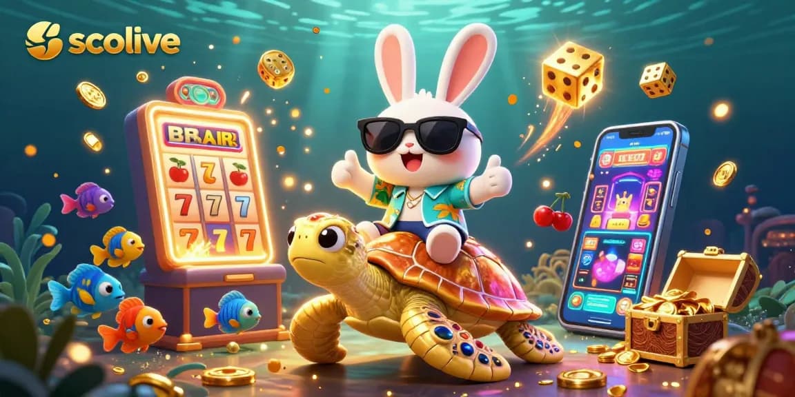 Socolive boosts excitement with a vibrant scene of a lucky rabbit and a golden turtle surrounded by dynamic casino elements.
