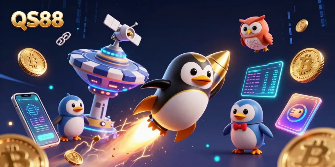 Engage with QS88's thrilling gambling universe, featuring a spectacular penguin and crypto elements.