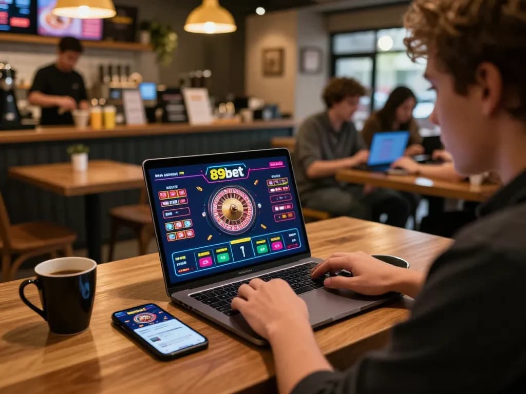 Player engaging in 89bet online gaming at a laptop in a cozy café, showcasing dynamic roulette gameplay.