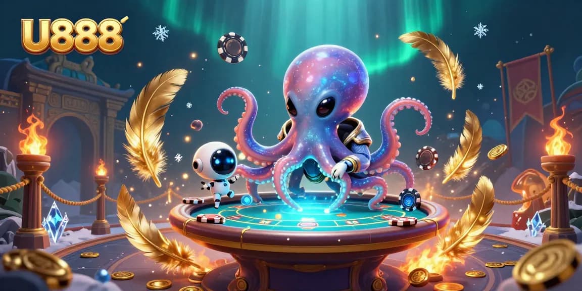 Win big with U888 as an alien octopus manages a holographic poker game surrounded by vibrant casino elements.