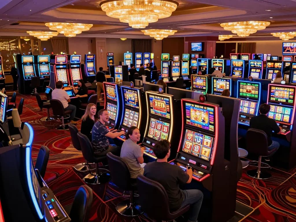 Players celebrating a win on slot machines at a vibrant casino, https://fabet.credit/ showcasing excitement in gambling action.
