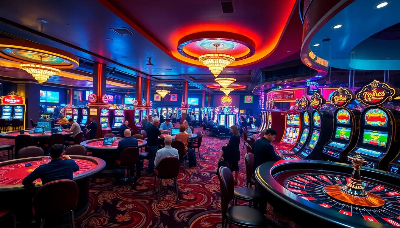 Gambling excitement portrayed with players and tables at a vibrant casino atmosphere, linked to https://net88.wtf/.