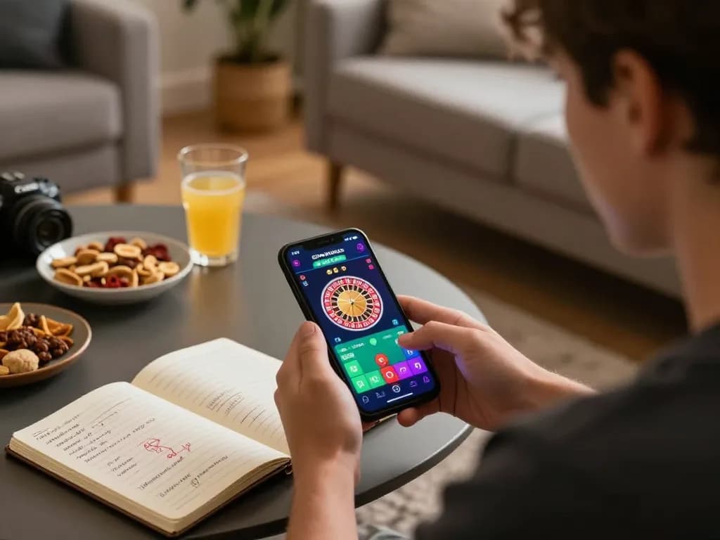 A person using a mobile app for roulette gaming, showcasing cm 88 in a cozy environment.