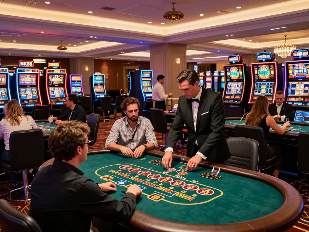 Players enjoying dynamic experiences at NK88 casino with lively slot machines and table games.