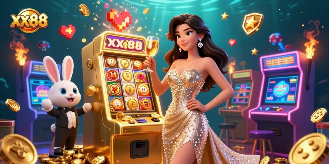 Experience excitement at xx88 with a glamorous woman toasting beside a jackpot slot machine and a cartoon bunny croupier.