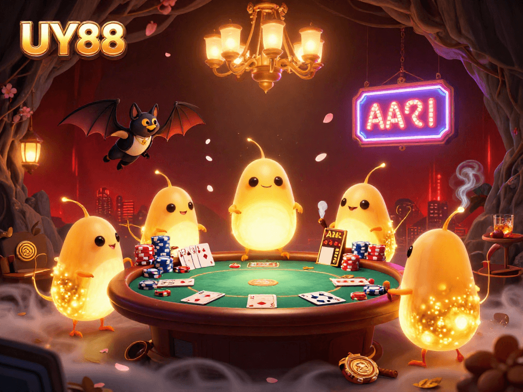 Experience the excitement at UY88 Casino with our vibrant glowworm-led poker night illustration.