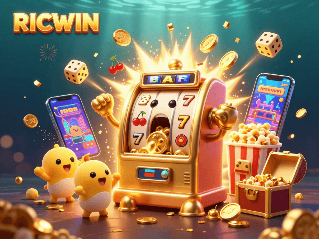 RICWIN showcases a vibrant jackpot scene with a golden slot machine celebrating wins amidst coins and excitement.