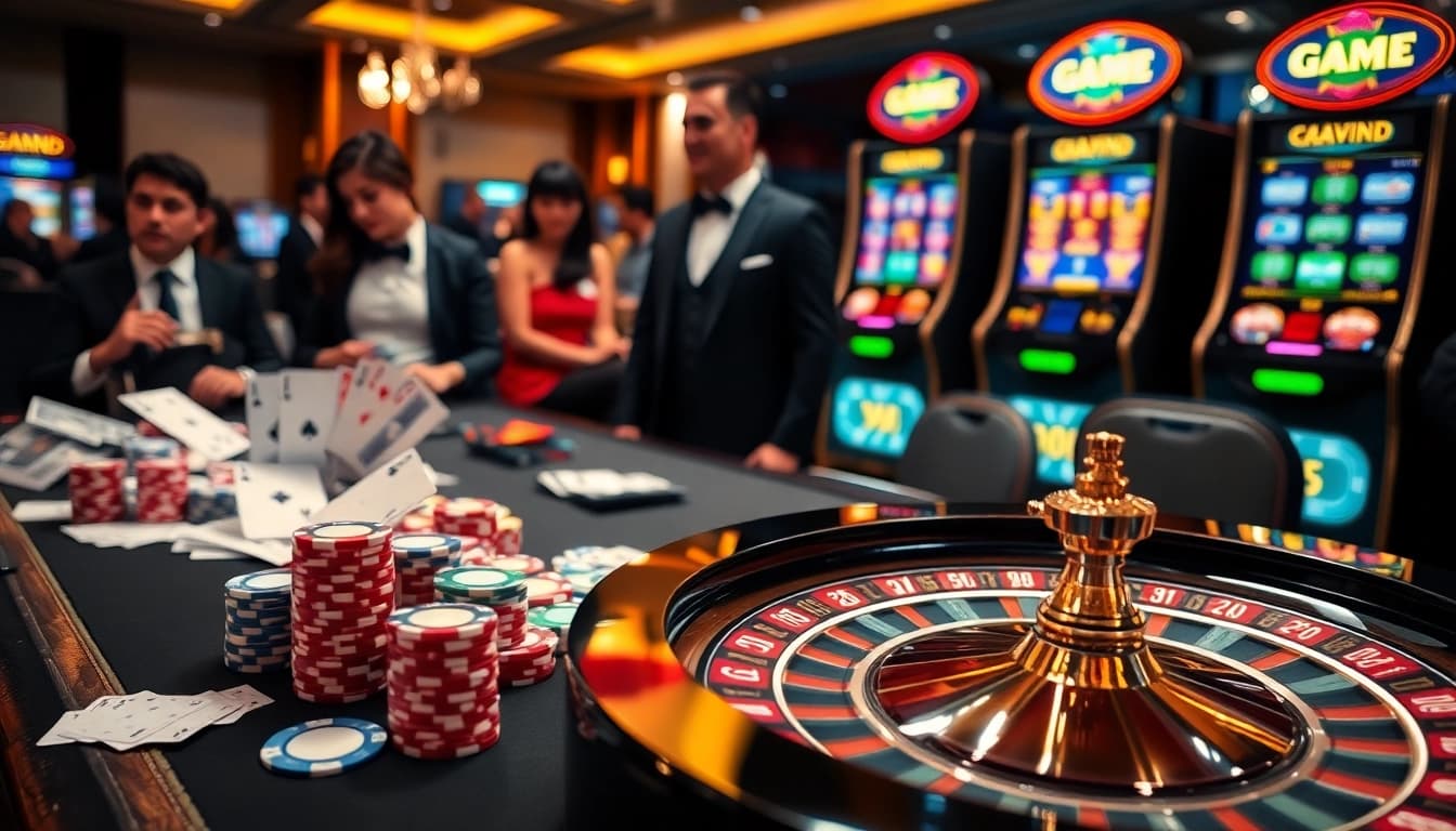 Engage with the excitement of the 888VND GAME at a luxurious casino, featuring vibrant poker chips and roulette.
