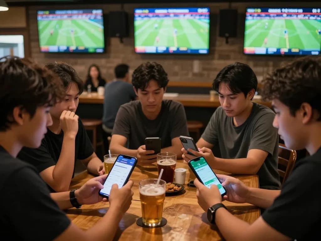 Fans enthusiastic over kèo nhà cái at a sports bar, using mobile betting apps while watching live football.