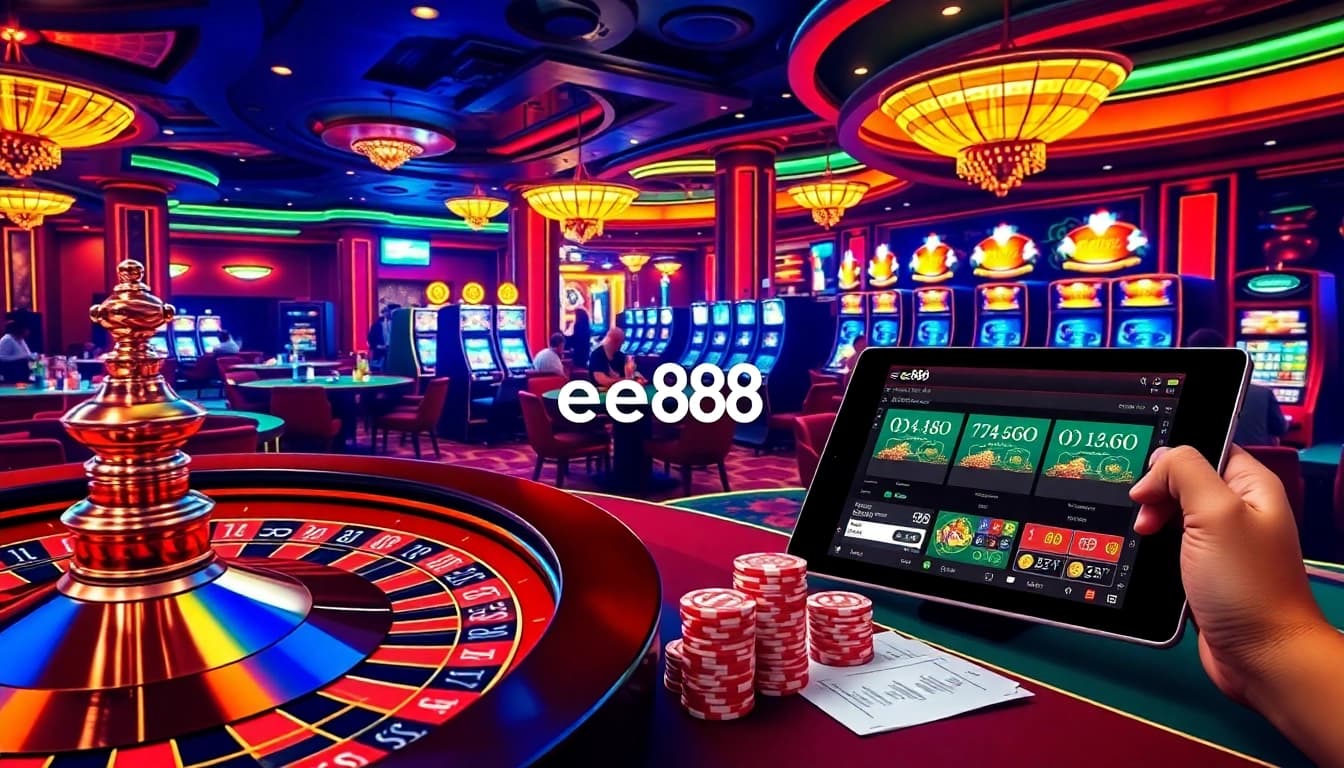 Experience thrilling gameplay at ee88 with illuminated slot machines and vibrant poker tables in a luxurious casino.