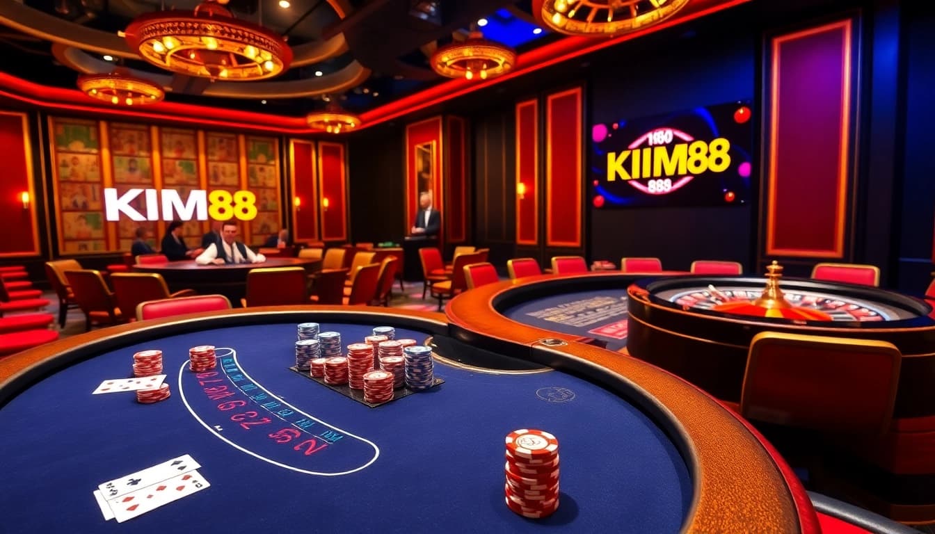 Exciting casino scene featuring a blackjack table with players, chips, and the KIM88 logo.