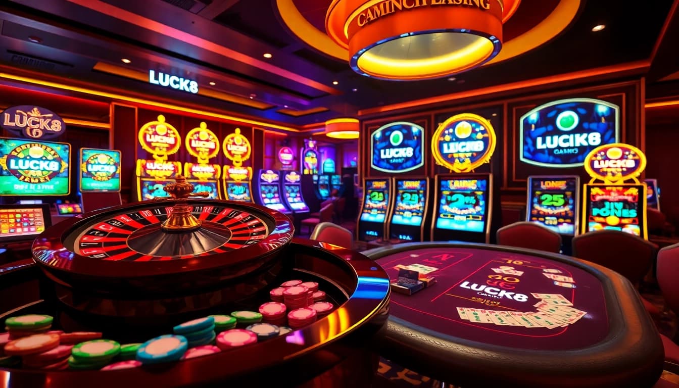 LUCK8 casino excitement with vibrant tables and dynamic roulette wheels full of colorful chips.
