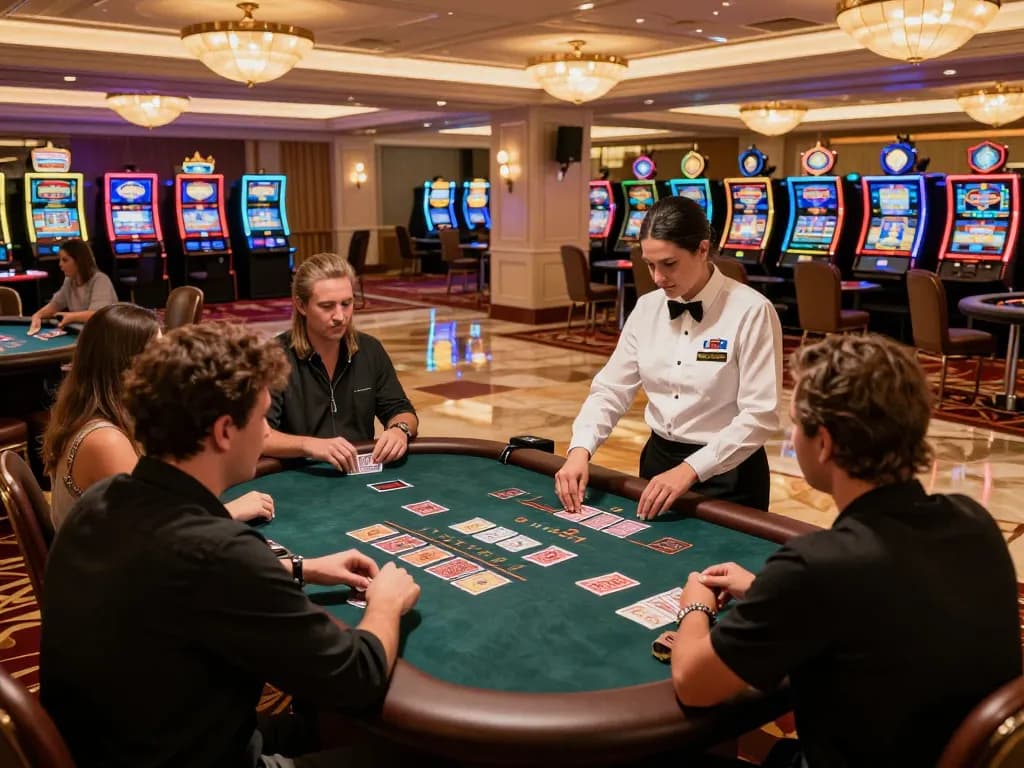 SX88 gamblers enjoying a thrilling blackjack game on a luxurious casino floor