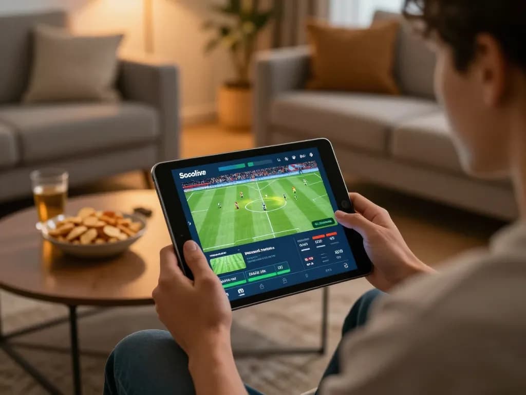 Socolive streaming sports betting on tablet in a lively home environment during an exciting match.