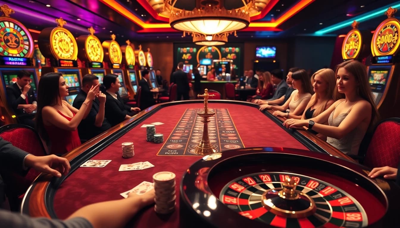 Players engaged at the KP88 casino table, surrounded by high-stakes excitement and vibrant slot machines.