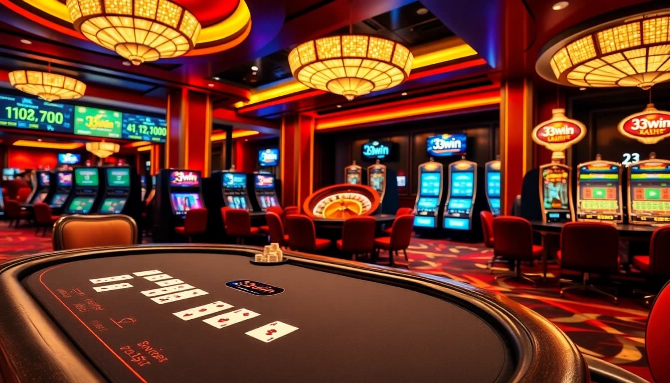 Players enjoying games at a 33win casino with high-end tables and slot machines.