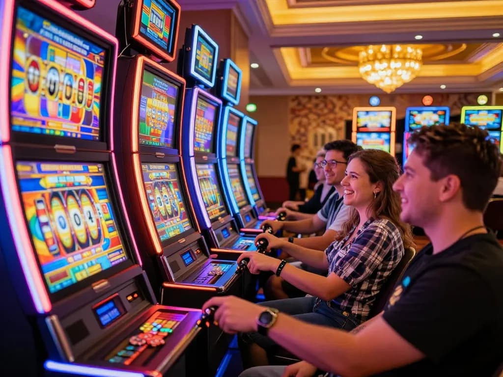 Players enjoying high-energy slot machine games at lc88 casino, vibrant action and excitement.