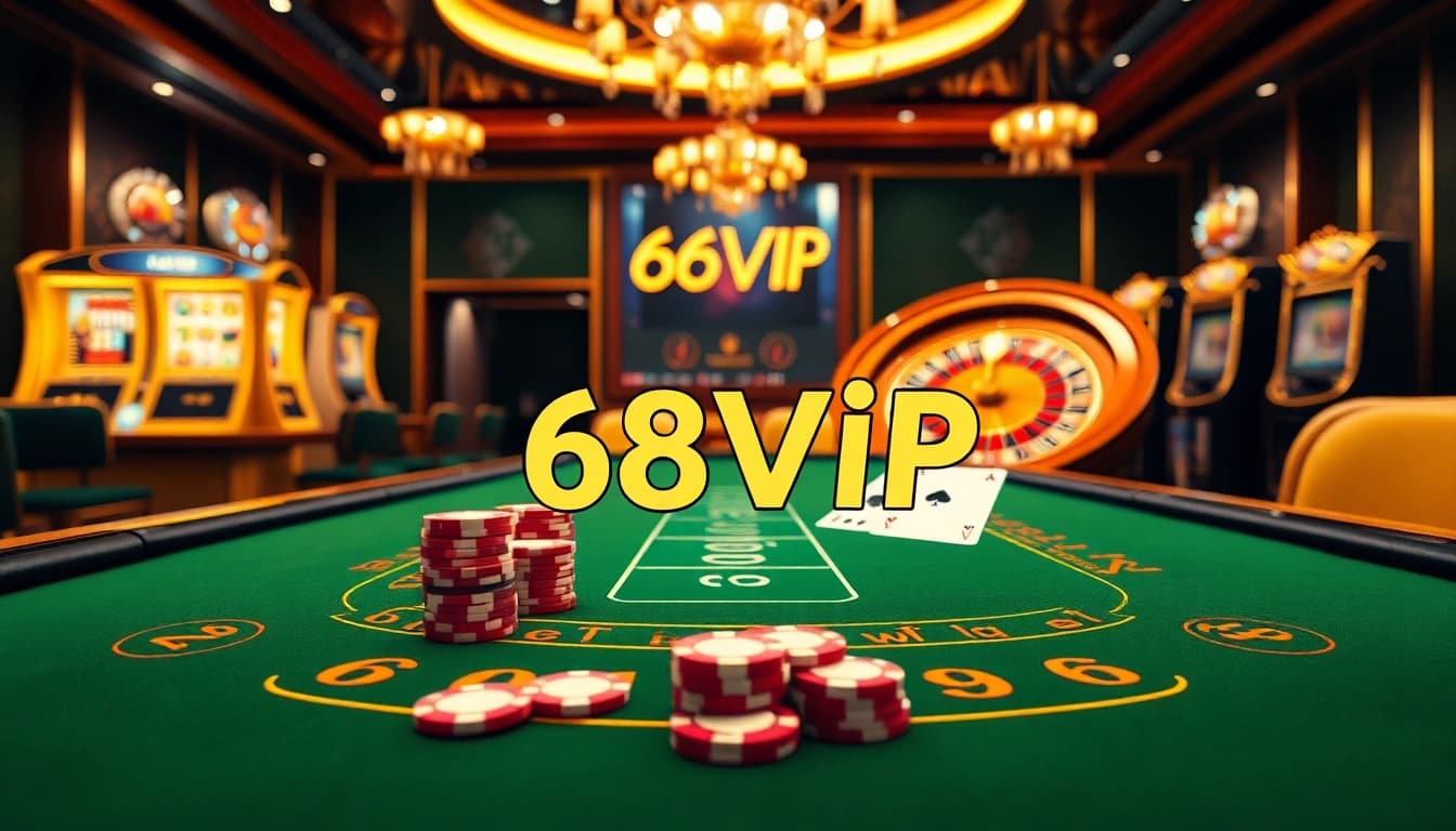 Experience the excitement of Đăng Nhập Nhà Cái 68VIP with vibrant online gambling visuals including roulette and blackjack.