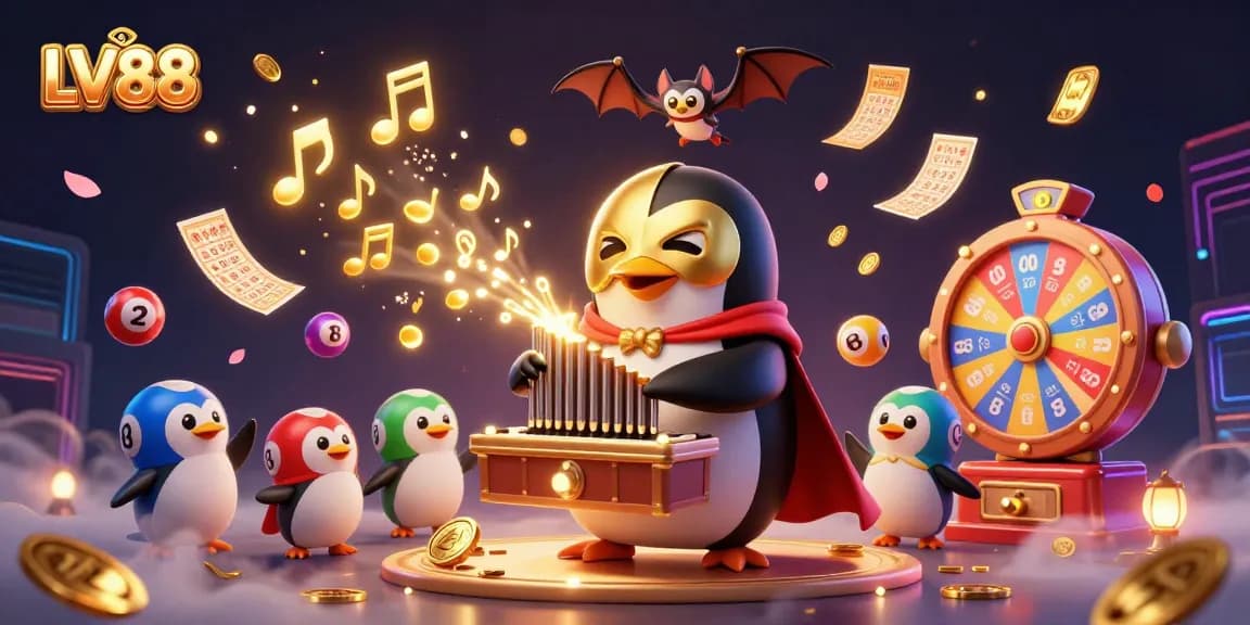 Experience thrilling gaming at LV88 with a captivating scene of a penguin playing organ and golden coins falling.
