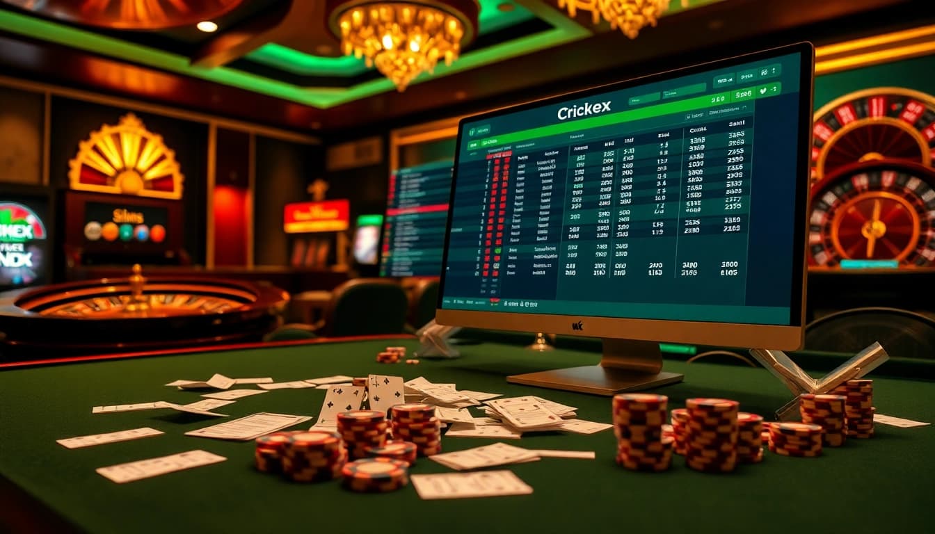 Crickex betting scene showcasing live cricket odds, casino elements, and betting excitement.