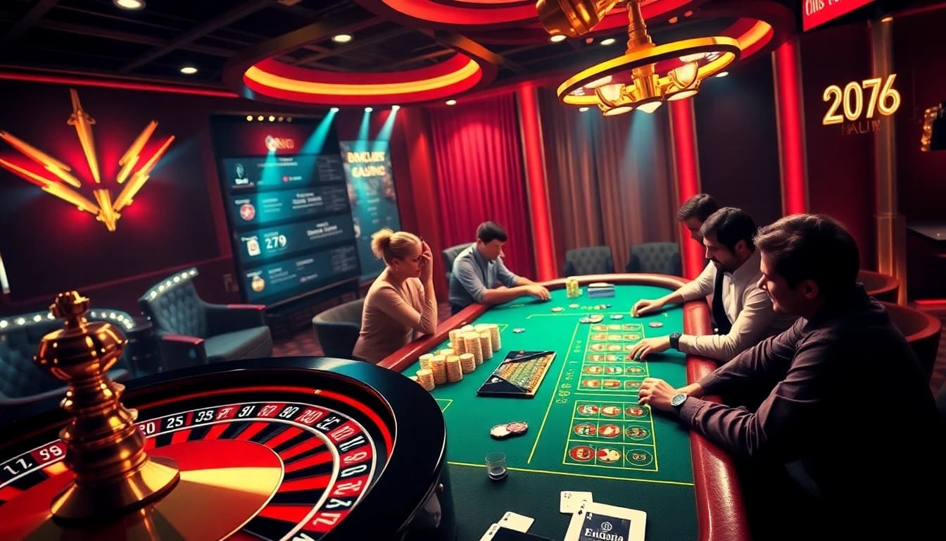 Engaged players celebrating wins at https://bj88h.org/ with roulette and poker elements.