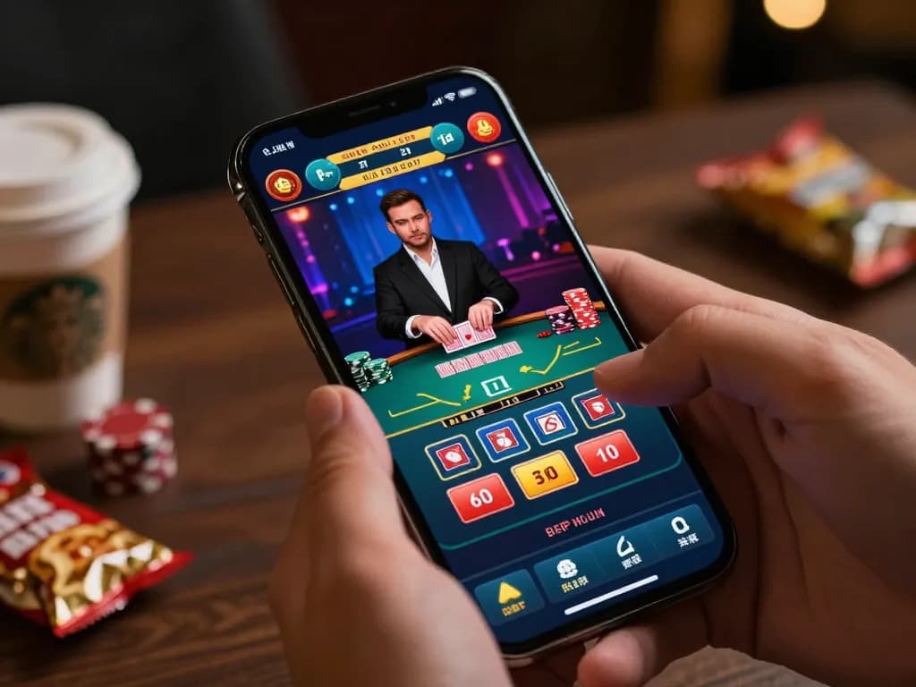 Engaged player enjoying live dealer game at https://sc88.casino/ on smartphone, showcasing exciting gaming action.