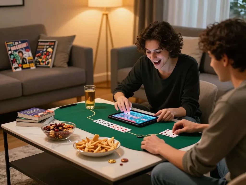 Play poker while tải hitclub app on a tablet, showcasing a relaxed home gaming setup.