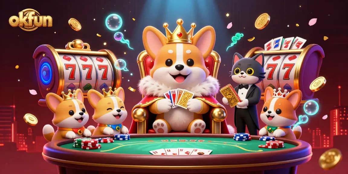 win big at okfun while enjoying a vibrant casino scene with a royal corgi and gaming elements