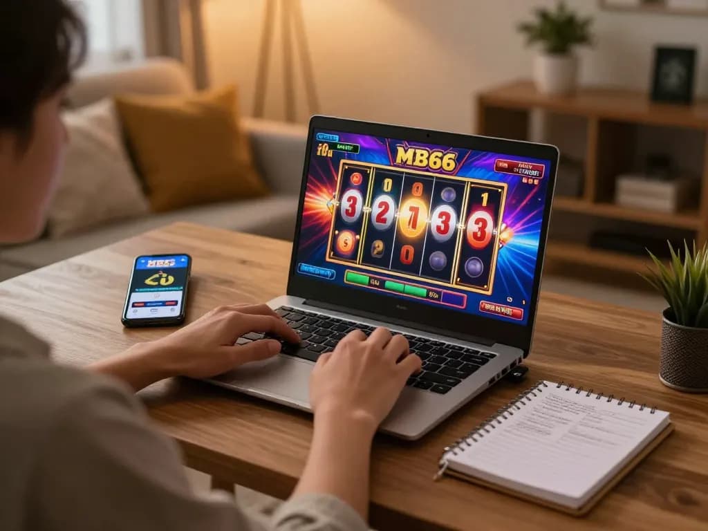 Player engaging with MB66 online casino on a laptop at home, showcasing dynamic slot game action.