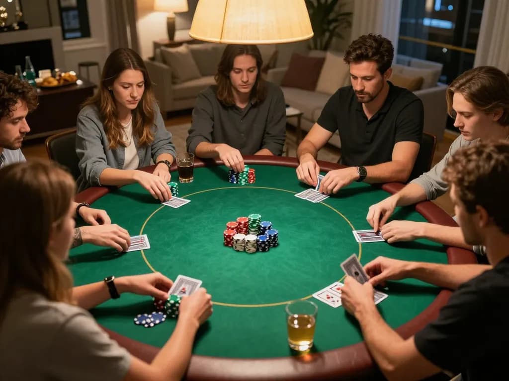 Friends engaging in an exciting poker game at home, showcasing rr88 strategies with vibrant chips and cards.