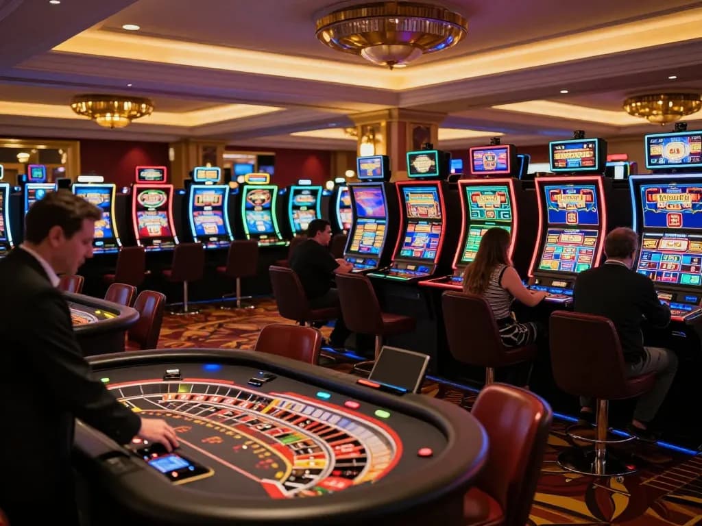 Dynamic gaming scene showcasing TT 88 casino excitement with players around roulette and slot machines.