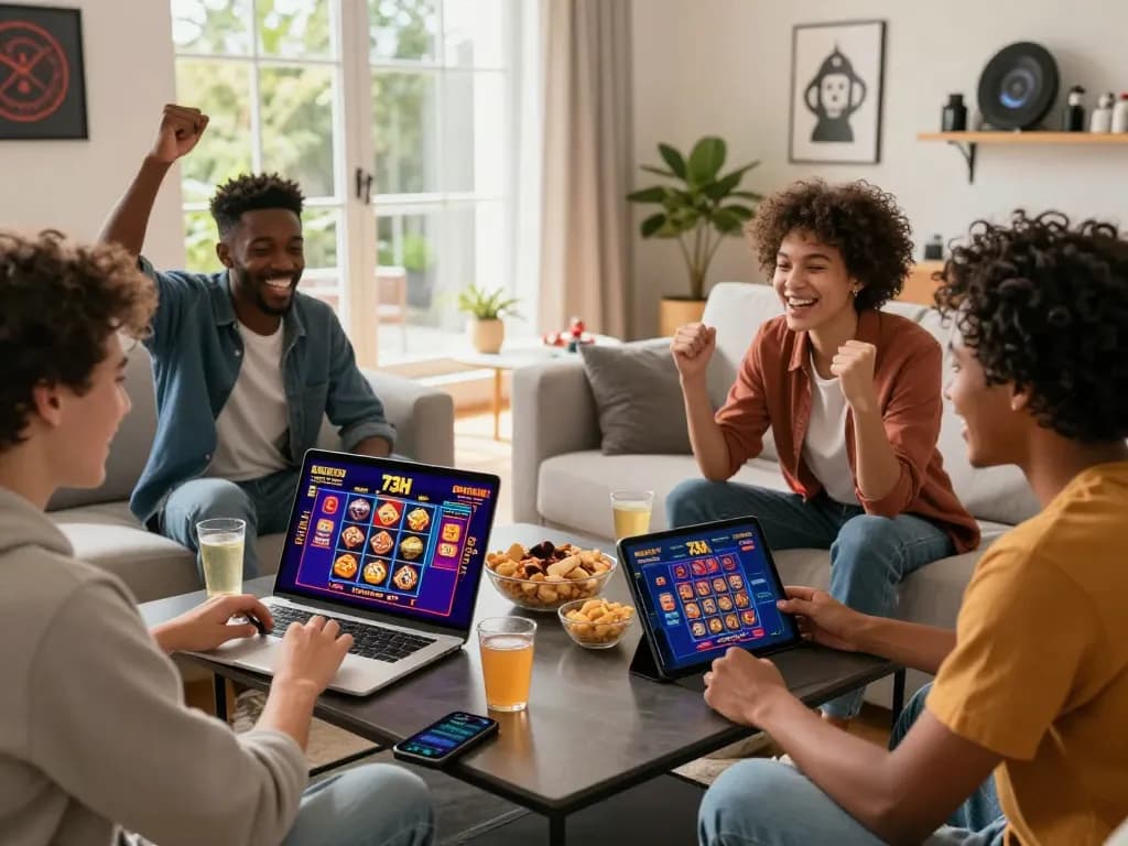 Engaging scene of friends gaming on 73H, highlighting BAIXA 73H excitement with screens showing vibrant slot graphics and live dealers.