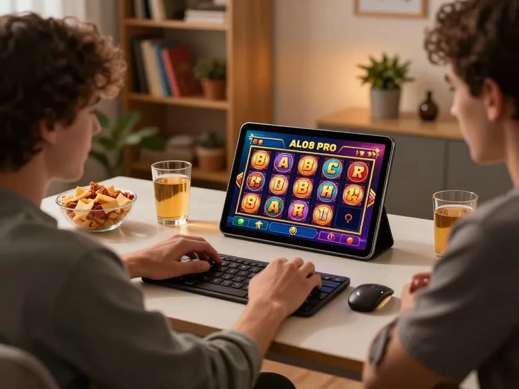 Active player enjoying ALO8 PRO's online slot games on a tablet in a cozy home setup.