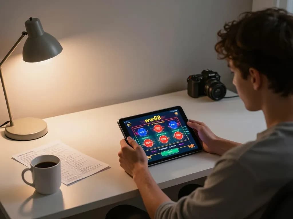 Player using a tablet for online gambling on ww88, surrounded by strategy notes and a warm atmosphere.