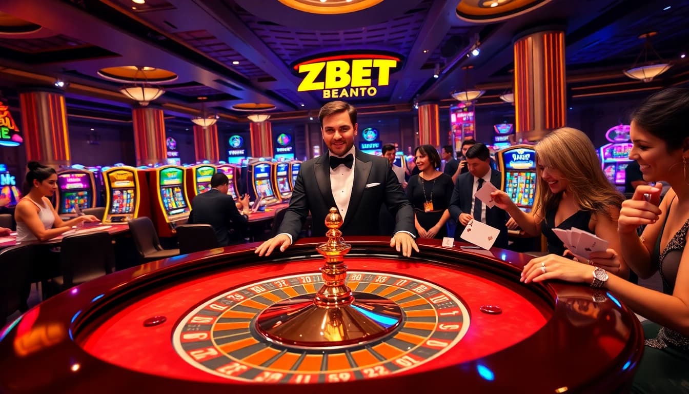 ZBET players celebrate a win at an upscale casino with roulette and poker.