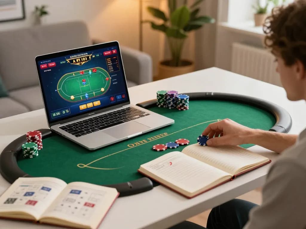 MMOO online casino gameplay with poker chips and strategic notes on a laptop