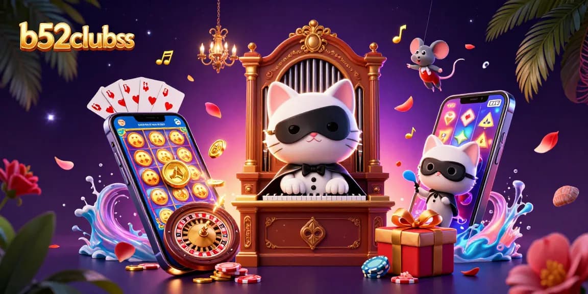 Experience the excitement of b52clubss with colorful slot games, golden coins, and captivating casino elements.