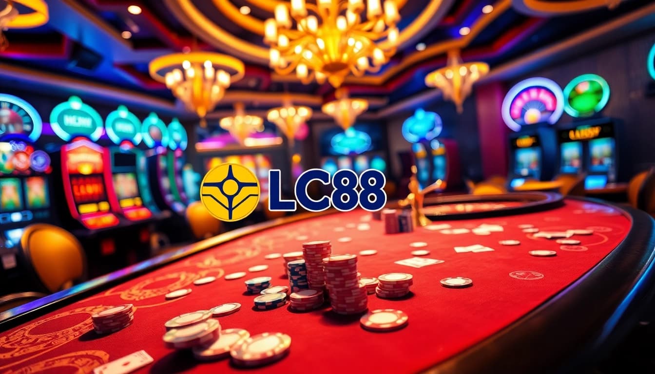 Exciting gambling scene featuring the LC88 casino logo with vibrant tables and slot machines.