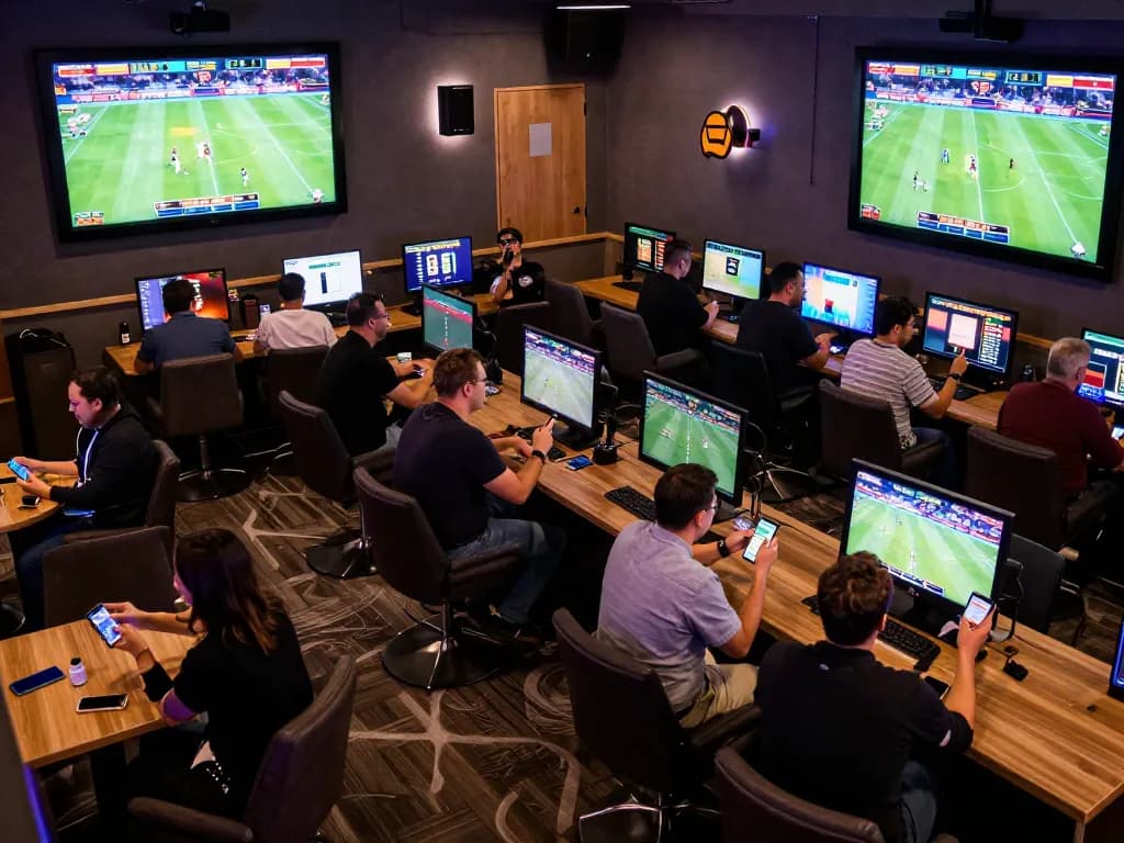 Engaged bettors in a sports betting lounge focusing on nhà cái uy tín, analyzing odds and placing bets.
