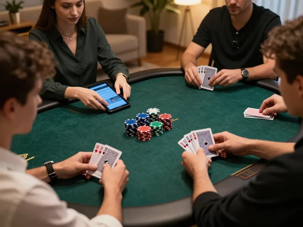 Players engaging in strategic poker gameplay at Au88 on tablets and smartphones in a cozy setting.