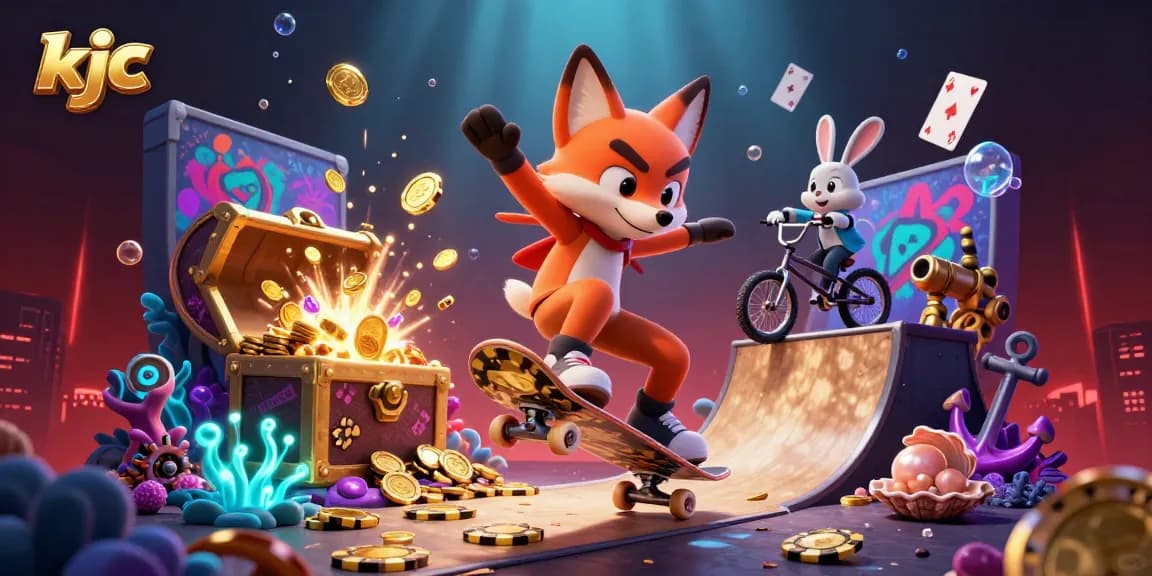 KJC casino experience visualized with cartoon characters engaging in casino-themed action, showcasing vibrant gaming elements.