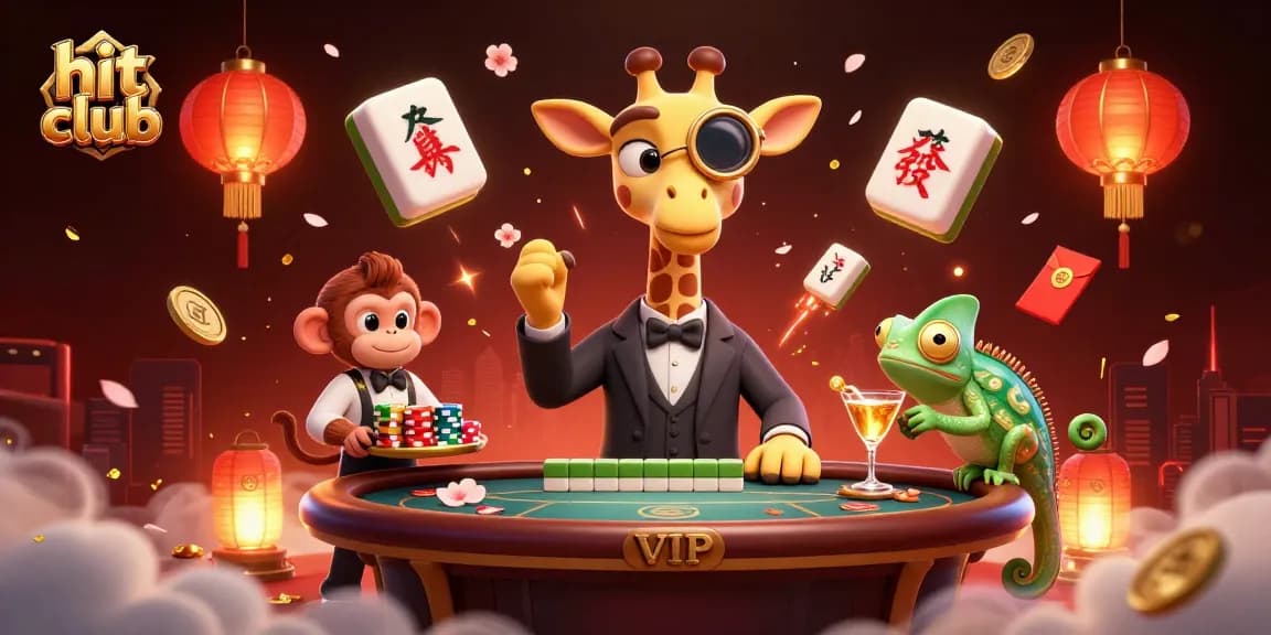 Join the excitement at hit club with a high-roller giraffe, monkey valet, and chameleon bartender in a vibrant casino scene.