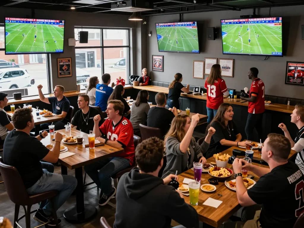 ดูบอล at a lively sports bar with fans cheering and multiple screens showing live matches