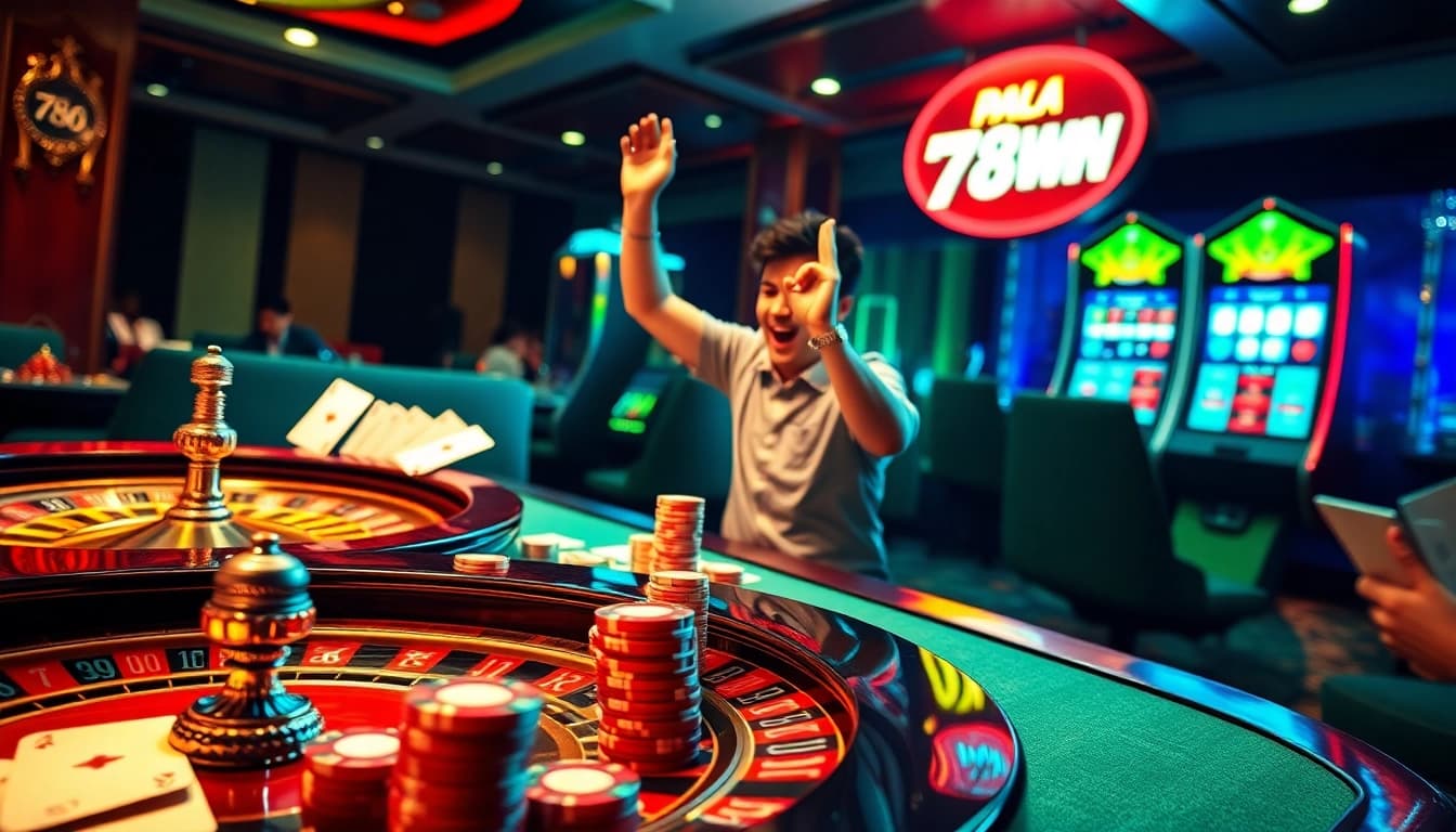 Experience the thrill of gambling at 789WIN with dynamic casino visuals featuring chips, cards, and a roulette wheel.