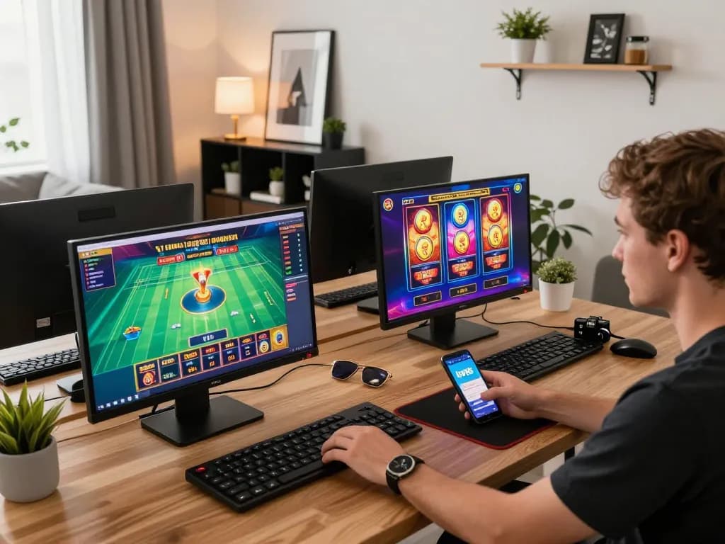 Kaya88 player engaging in online casino gaming with multiple screens in a striking home setup.